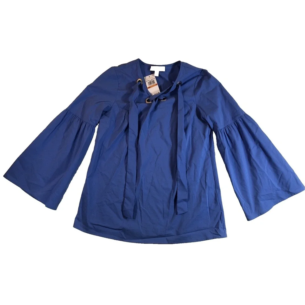 Michael Kors Blouse Women's Small Oxford‎ Blue Long Bell Sleeve Top Neck Tie New